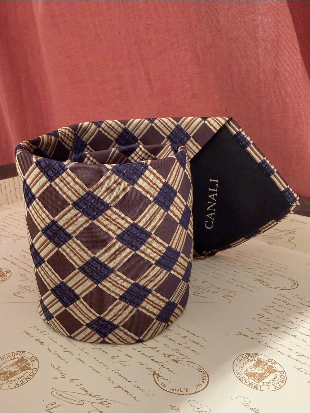 Canali Tie Mens Blue Grey Grid Brown Check Plaid 100% Silk Italy Luxury 3.5”